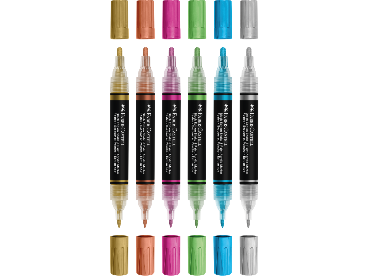 FABER-CASTELL SHAKE & PAINT BLACK EDITION ACRYLIC MARKERSET METALLIC 6X 1