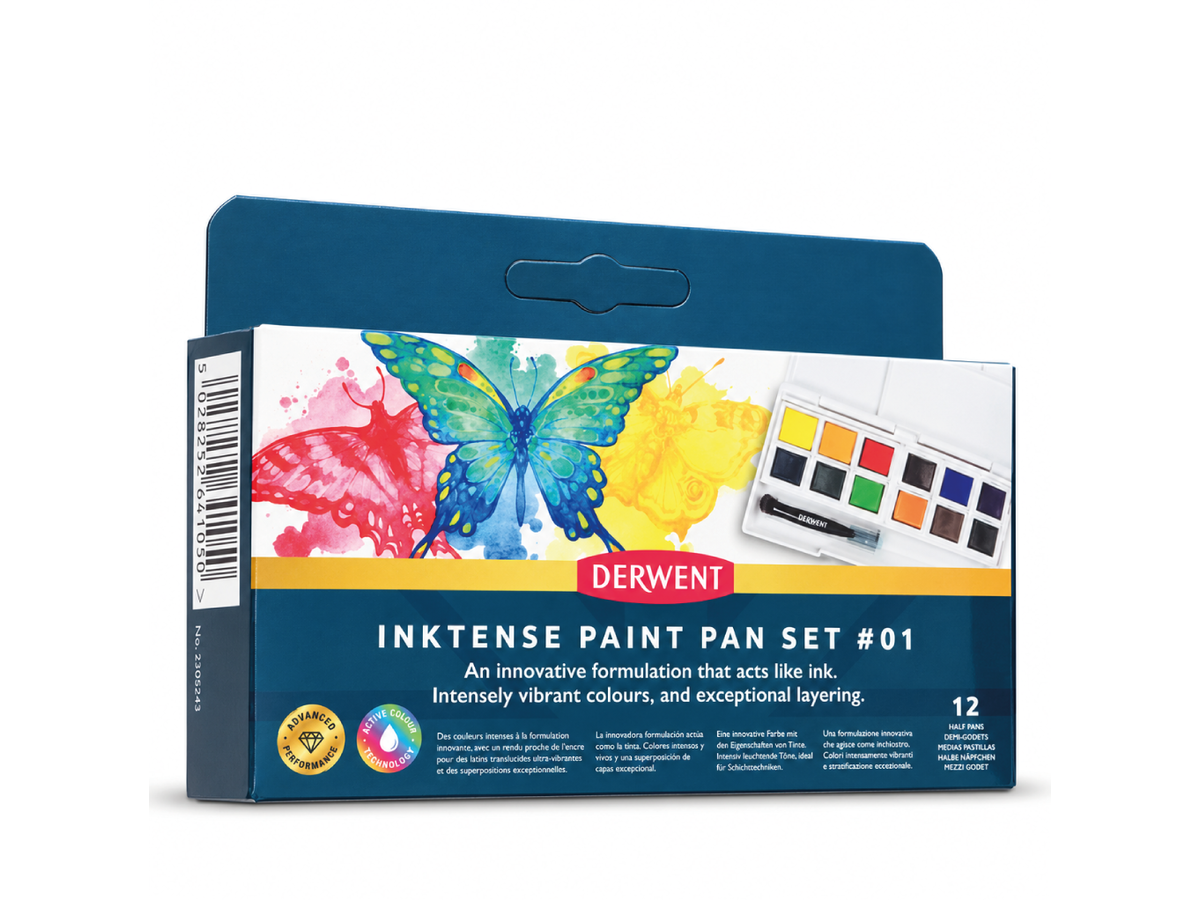 DERWENT INKTENSE AQUARELL REISE-SET 1 12 NÄPFCHEN + WASSERTANKPINSEL 1