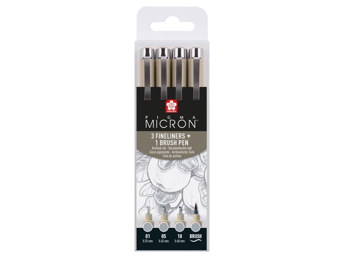 SAKURA PIGMA MICRON FINELINER & BRUSH SET 4 STÜCK HELLGRAU 1