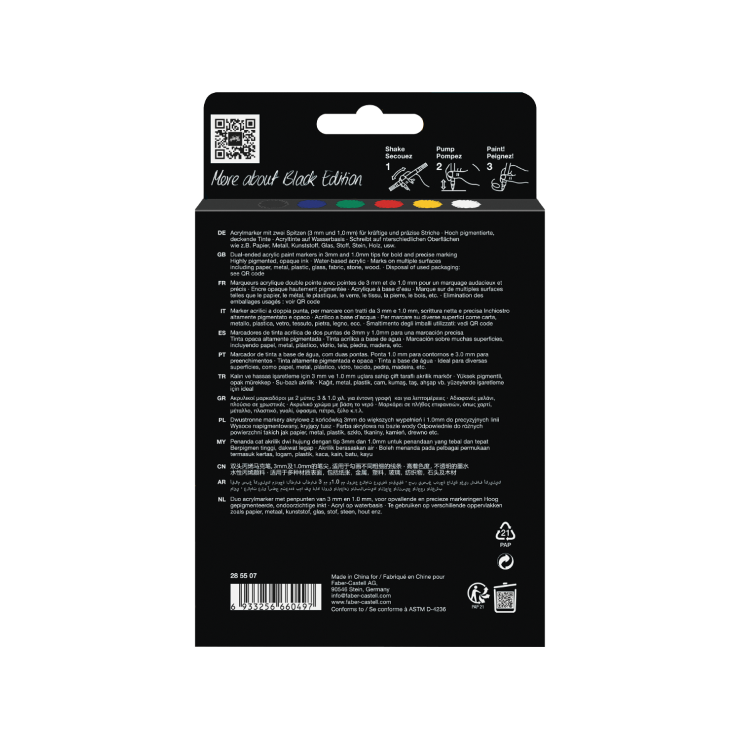 FABER-CASTELL SHAKE & PAINT BLACK EDITION ACRYLIC MARKERSET STANDAARD 6X 3